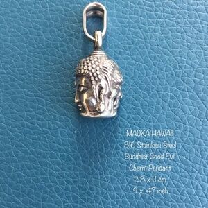 Buddha Buddhist Good Evil Two Sided Stainless Charm Pendant + Wheat Link Chain